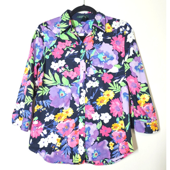 Lauren Ralph Lauren Womens Medium Top Button‎ Front Long Sleeve Floral Colorful - Picture 8 of 8